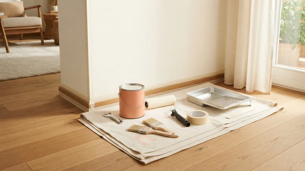 Estimating paint and supply needs Paint cans, rollers, brushes, drop cloths, and tape arranged for a room project