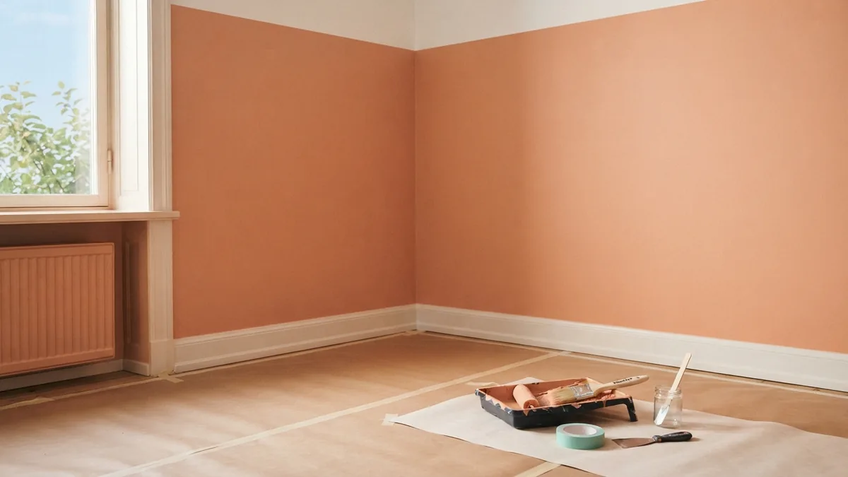 Inspecting a finished painting job Freshly painted room with clean edges and covered flooring during final project checks