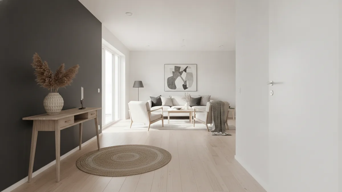 Living room entry with clear paths and neutral staged seating