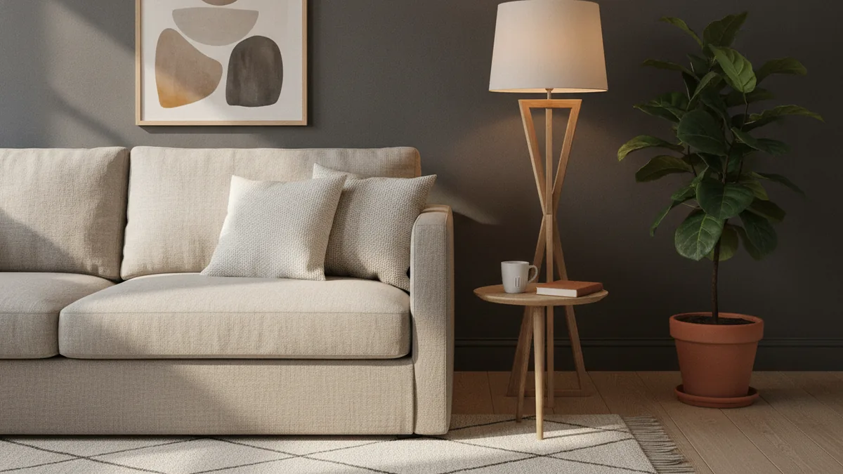Neutral staged living room details with warm accents and a plant