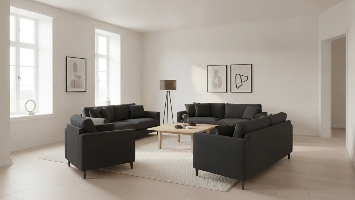 Conversation-style living room arrangement with clear walking space