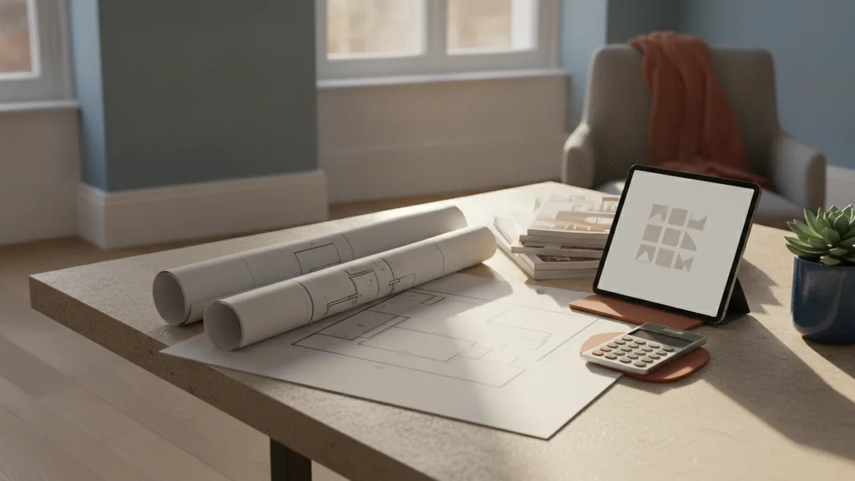 A planning table with room measurements and a budget checklist