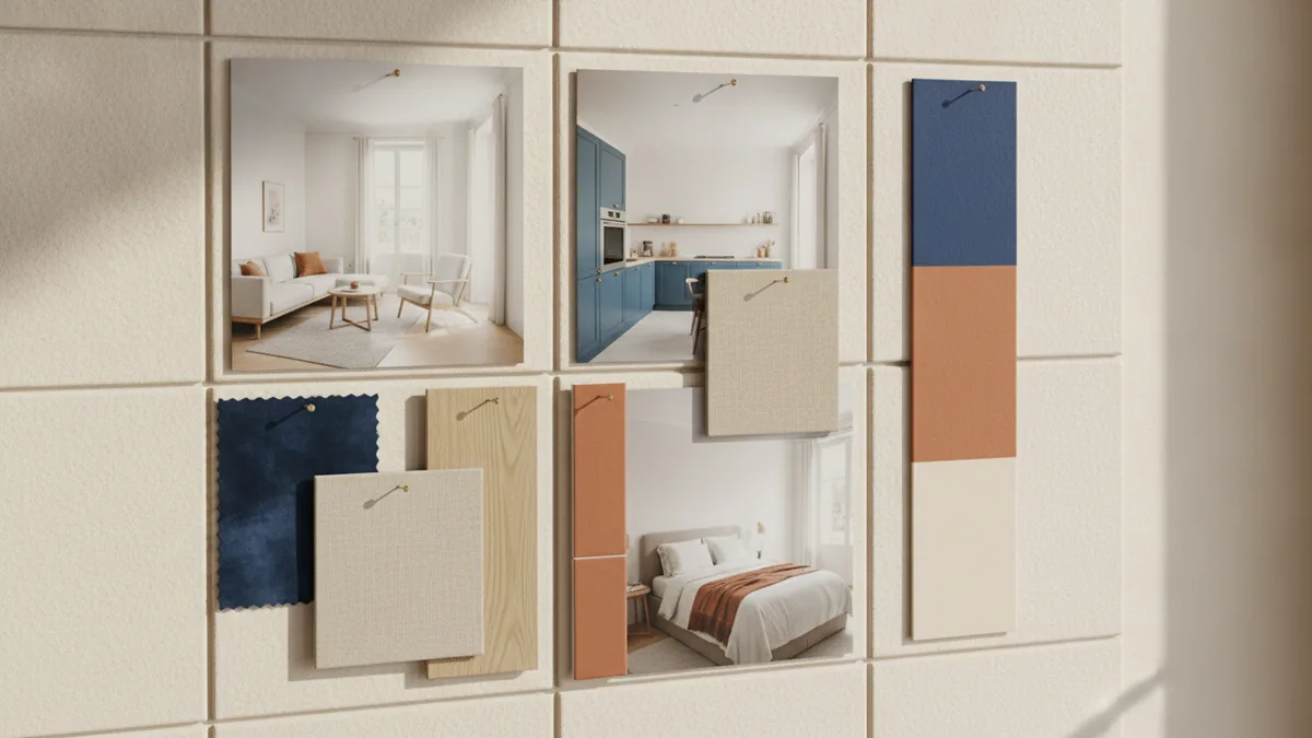 Build a mood board Layered mood board elements showing colors and materials