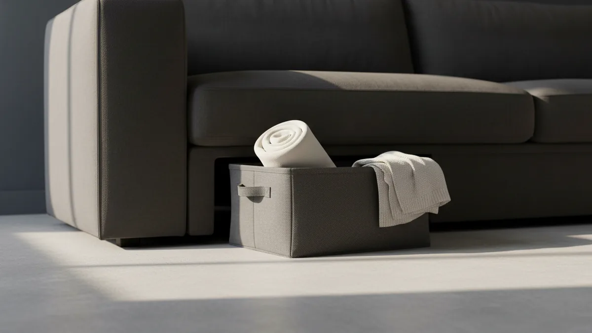 Low-profile fabric bin near a sofa for easy blanket access in a living room