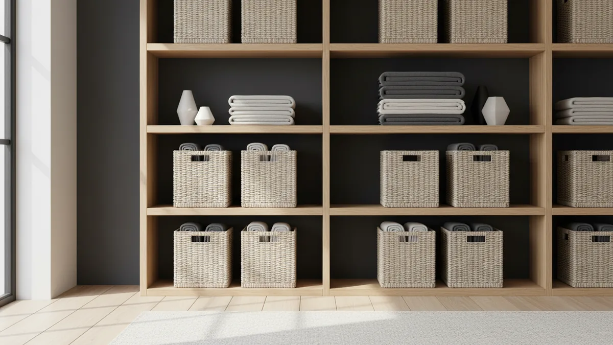 Storage options that look good Shelves and decorative baskets keeping living room blankets neatly folded and contained