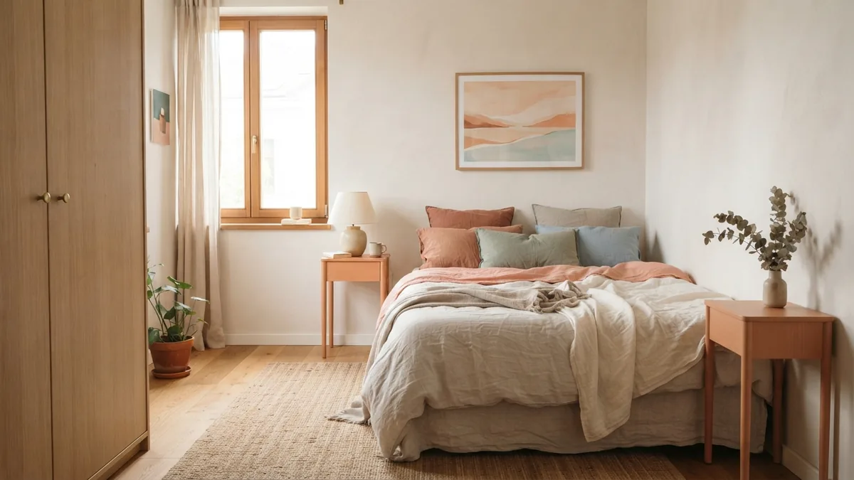 Small master bedroom with smart bed placement, slim furniture, and an open walking path