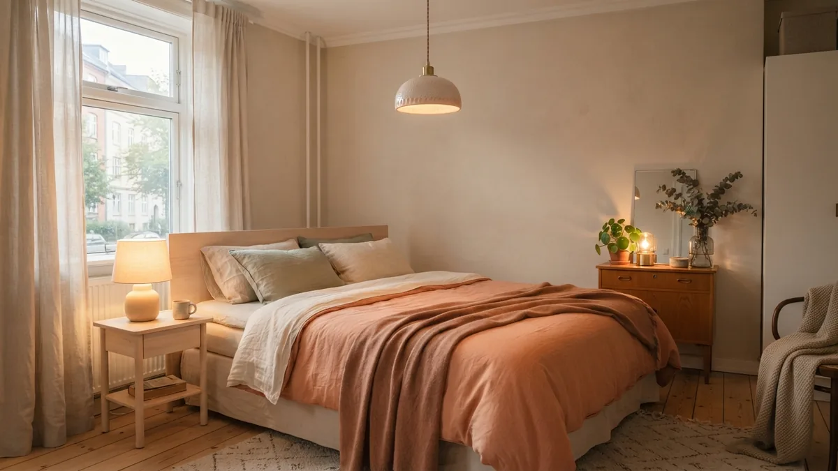 Layered bedroom lighting with bedside and dresser lamps in a warm calm interior