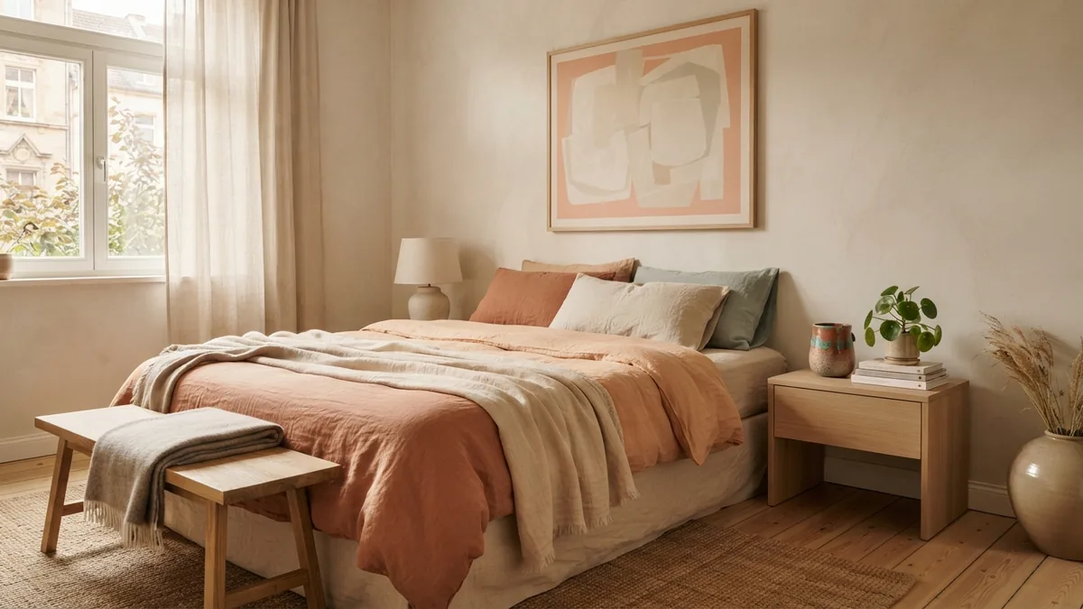 Personalized master bedroom with artwork, ceramics, linen, and carefully chosen decor