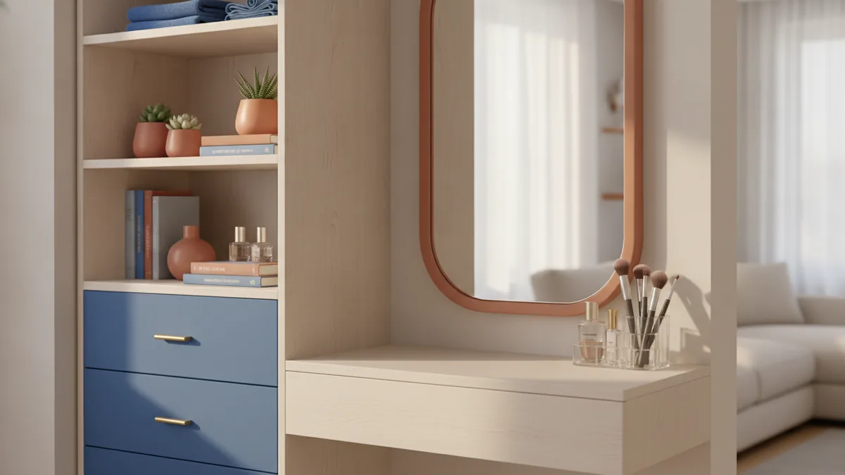 Space-saving vanity and storage setup for a dressing room feel