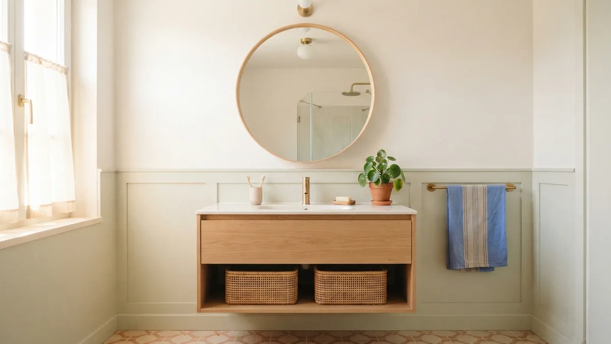 Bright bathroom with a framed mirror, small plant, warm lighting, and simple coordinated accessories
