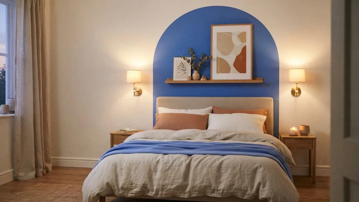 Personal bedroom wall decor Decorated bedroom wall with a large print, painted arch, slim ledge, and balanced bedside lighting