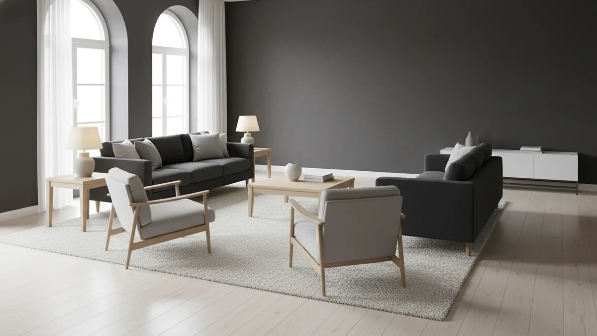 Living room seating arranged with clear walkway and defined seating area