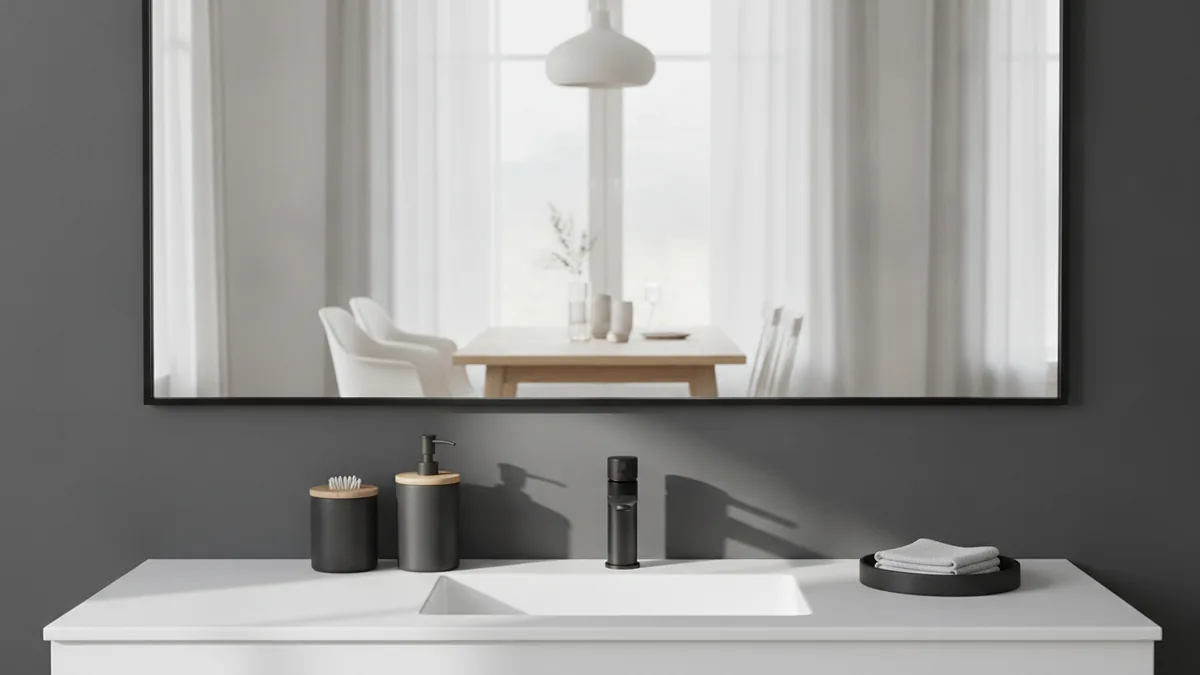 Using a large mirror to reflect light and make a small bathroom feel deeper.