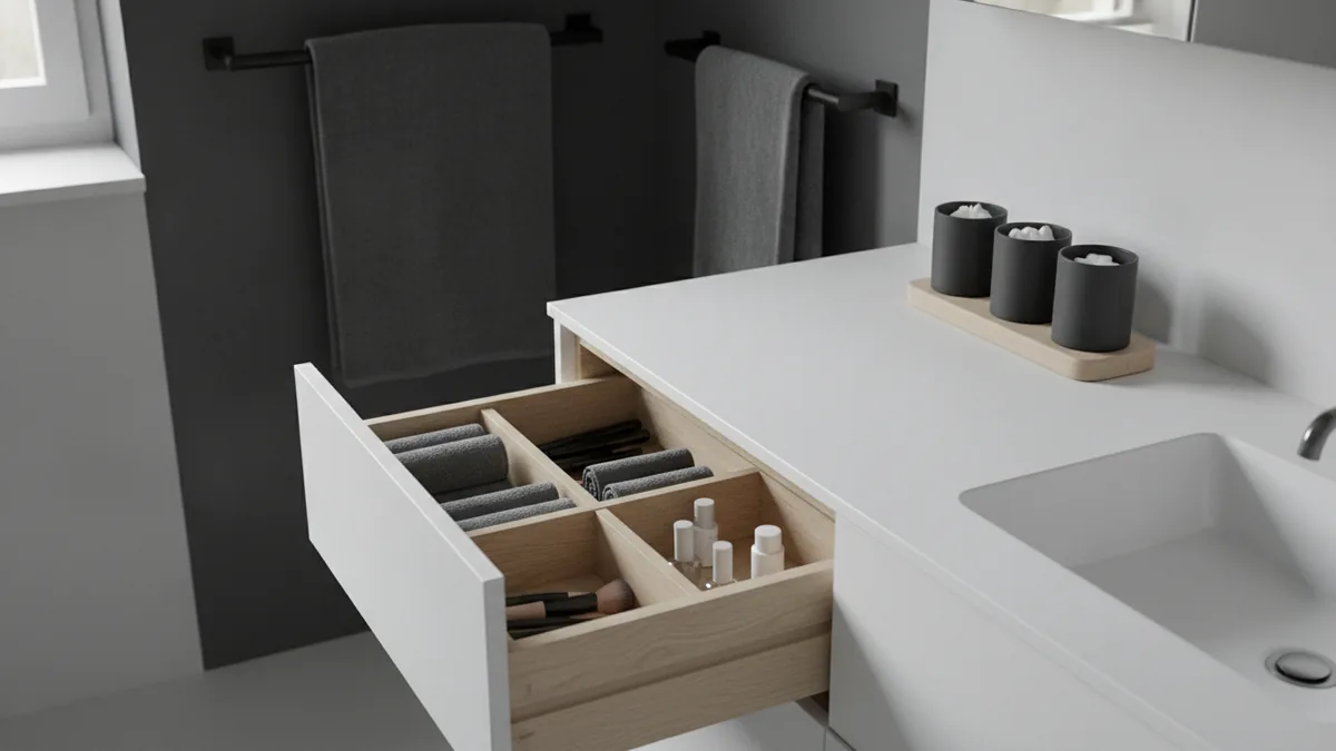 Tidy storage for tiny spaces Space-saving bathroom storage with towel rack and organized toiletries.