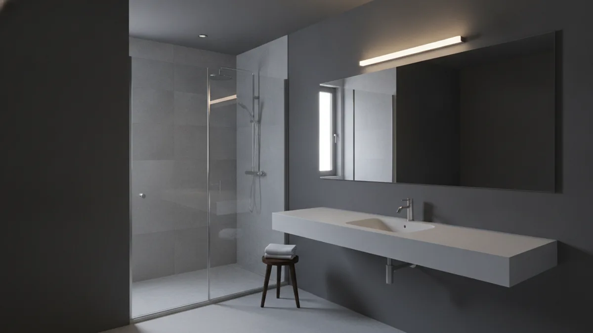 Bright light, fewer shadows Bright lighting ideas for a small or windowless bathroom with mirror and glass shower openness.