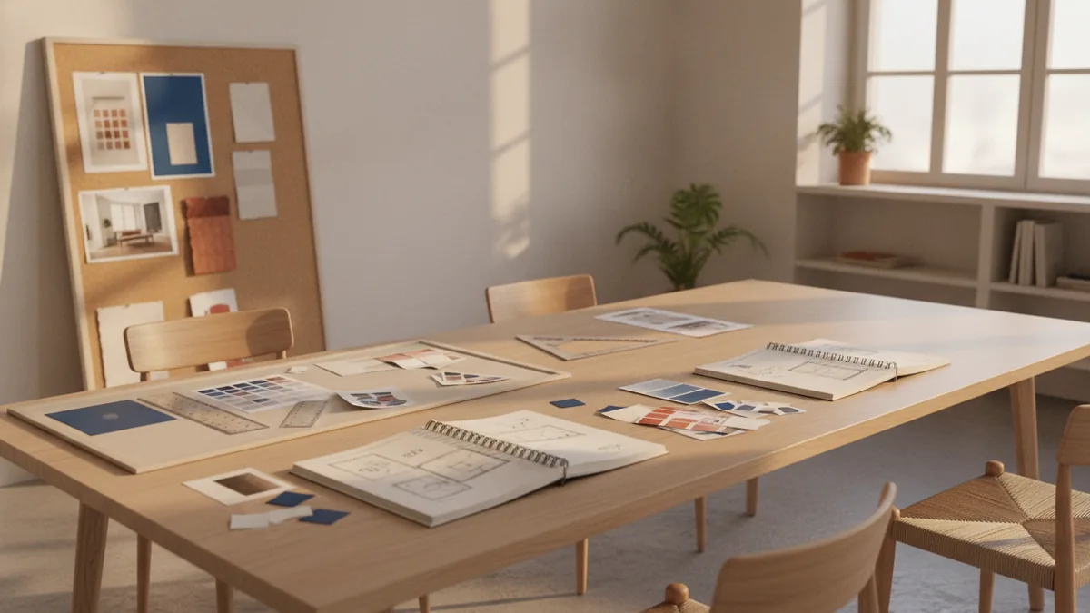 Course formats in action Student reviewing interior layout sketches with swatches and a mood board
