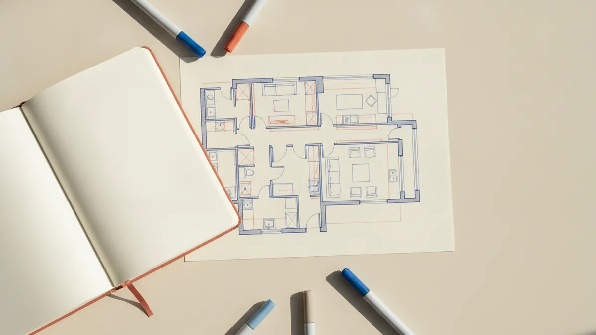 Space planning and color notes Hand-drawn floor plan with markers and notes for space planning practice