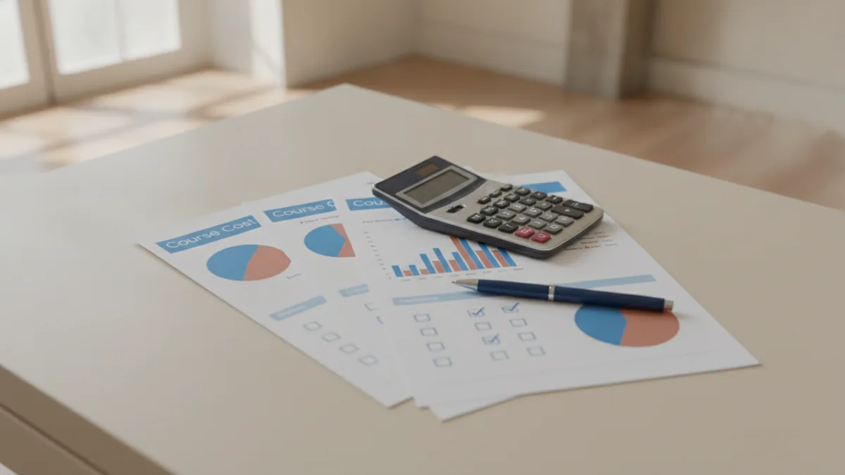 Calculator and course cost notes on a desk for comparing tuition fees
