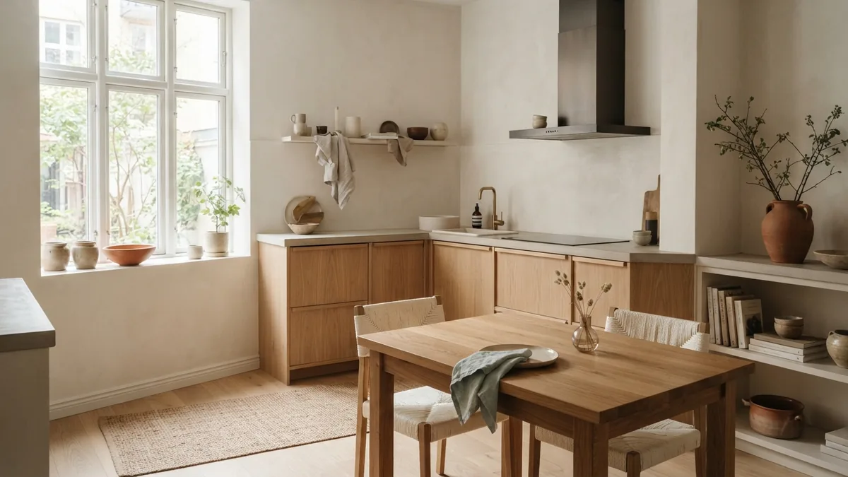 European kitchen with pale oak finishes and thoughtful interior space planning
