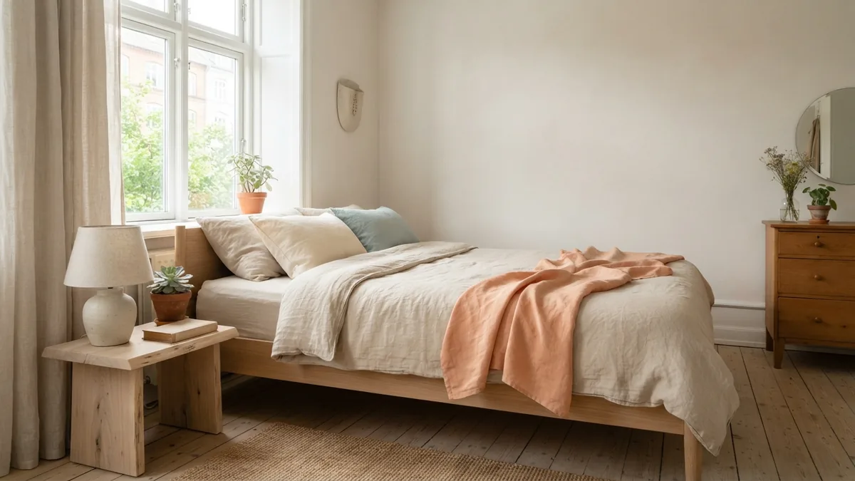 Calm European bedroom showing balanced materials, color, and interior design skills