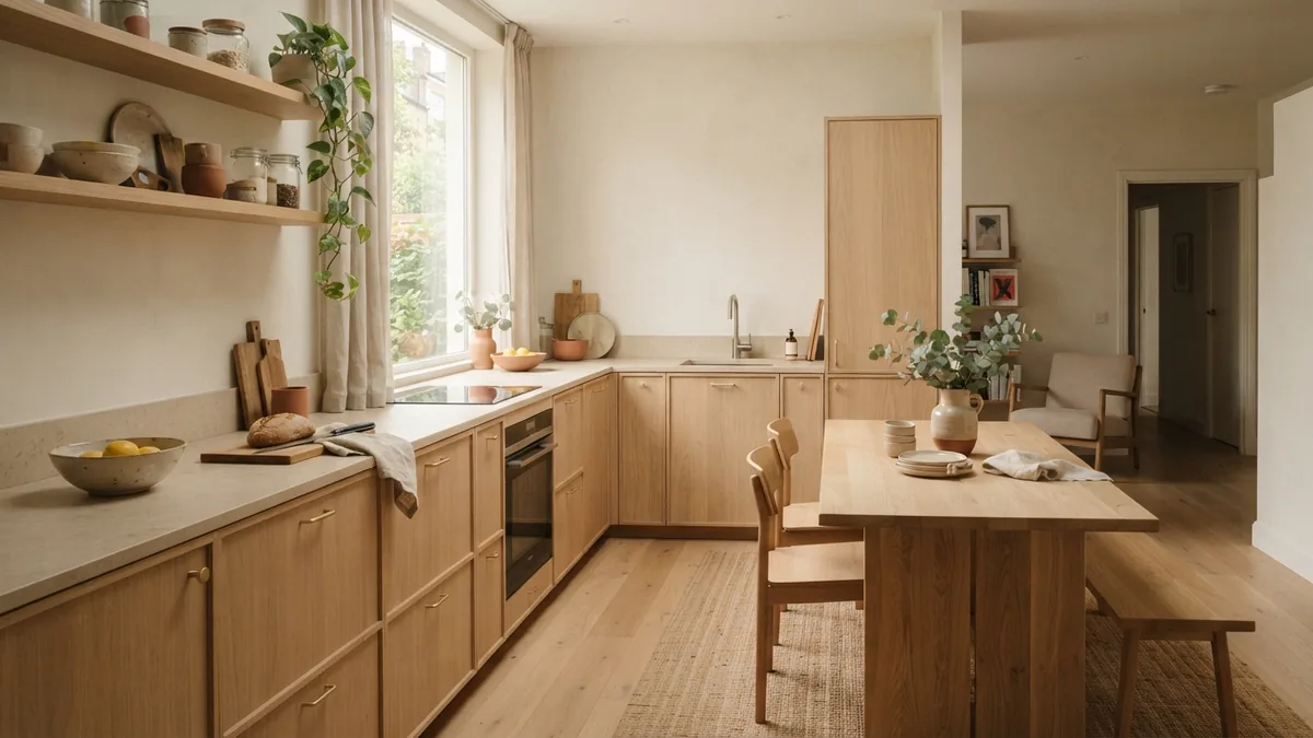 Thoughtful kitchen layout Thoughtfully planned European kitchen with pale wood, warm finishes, and clear movement paths