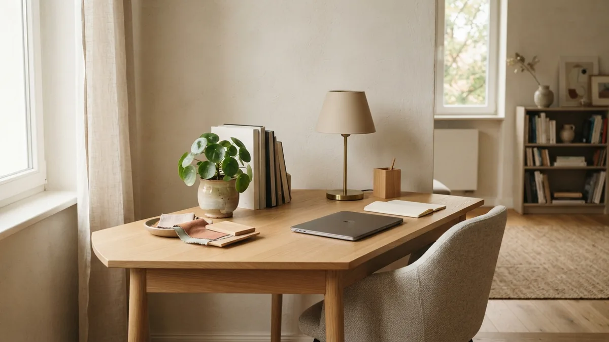 Interior design workspace Tidy home design workspace with warm materials, pale oak, and soft daylight