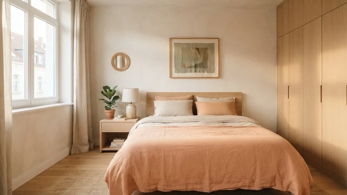 Japandi bedroom design Warm Japandi bedroom with oat textiles, pale wood, and calm built-in storage