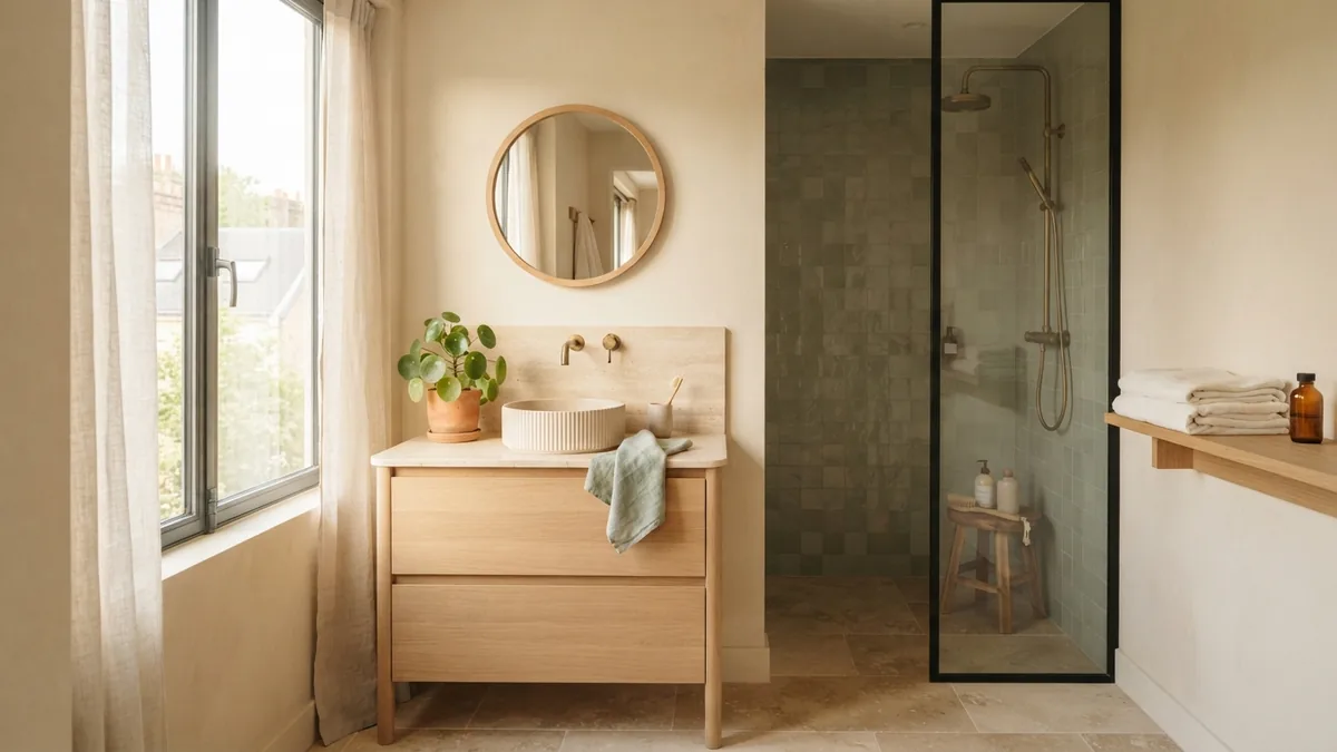 Calm bathroom interior Airy European bathroom with warm cream finishes, pale oak, and soft sage accents