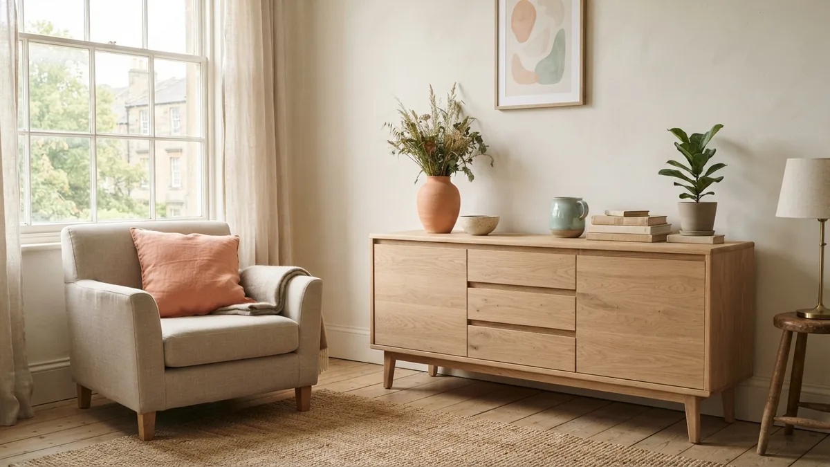 European sitting room with thoughtful furniture, linen, ceramics, and warm neutral tones