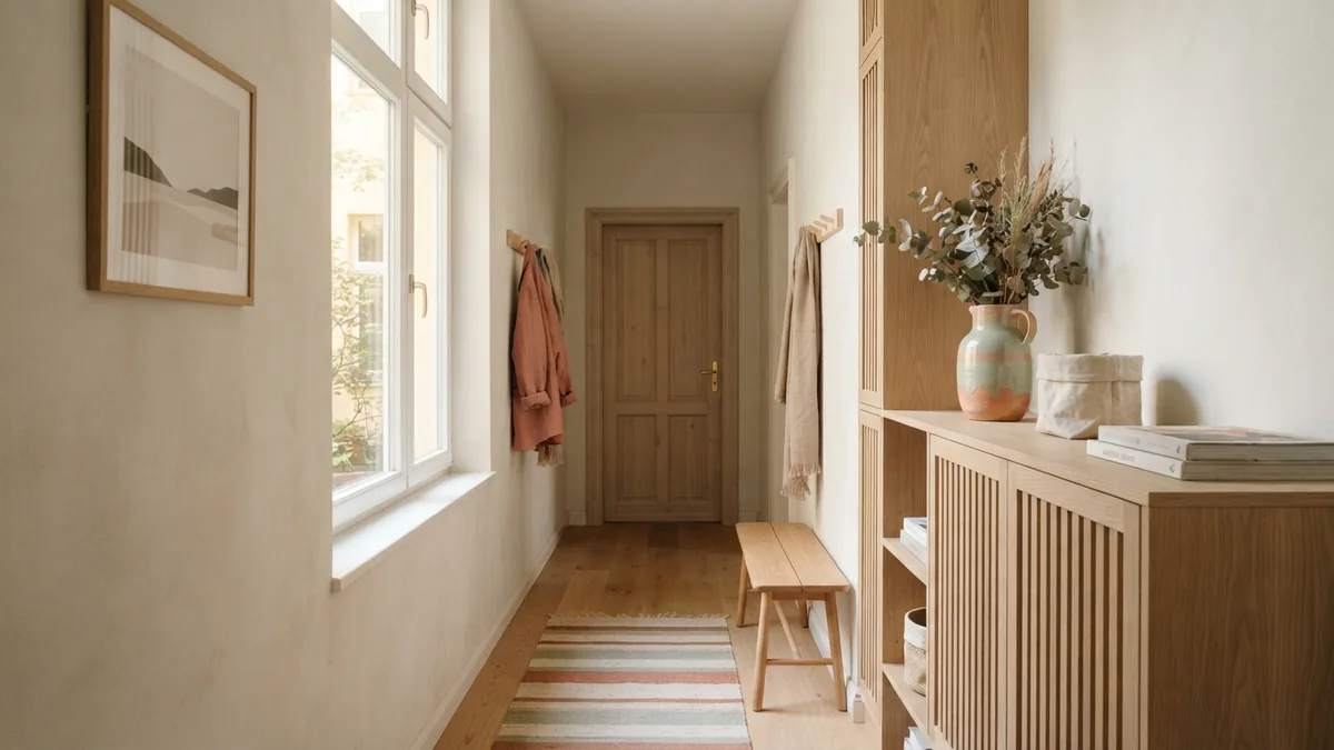 Natural hallway design details European hallway with pale oak storage, soft sage accents, plaster walls, and natural woven textures