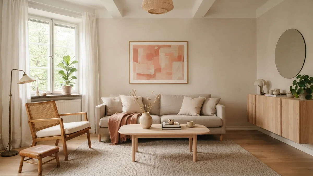 Blended interior style living room European living room blending Scandinavian, Japandi, and mid-century interior design elements