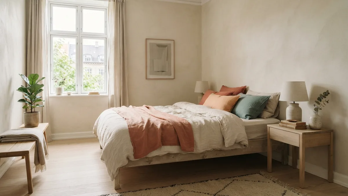 Calm bedroom style choices Bright European bedroom with linen bedding, pale oak, warm plaster, and muted coral accents