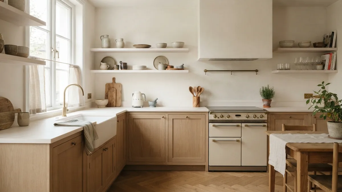 Warm European kitchen with pale oak cabinetry, cream surfaces, ceramics, and soft sage accents