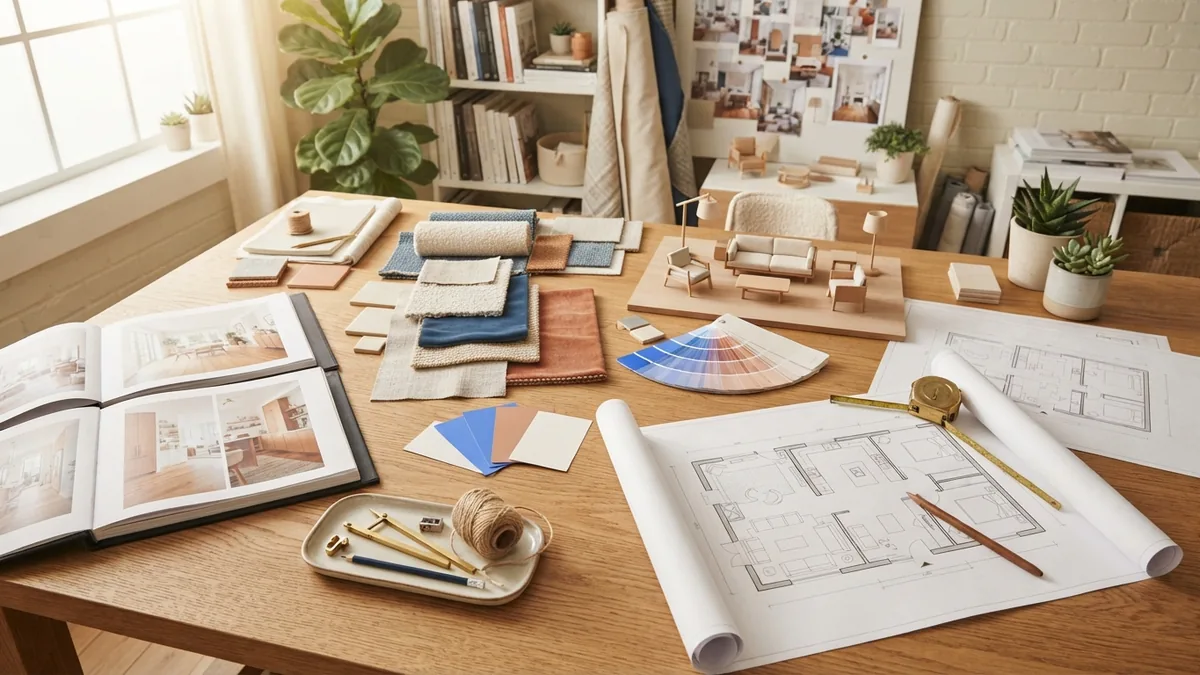 Interior design materials and planning Interior design studio with material samples, floor plans, and furniture studies