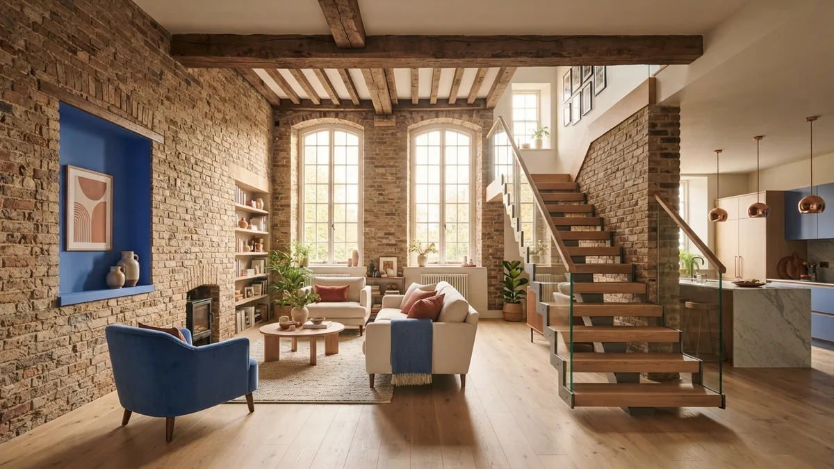 Restored historic interior blending old brick, timber beams, and modern features