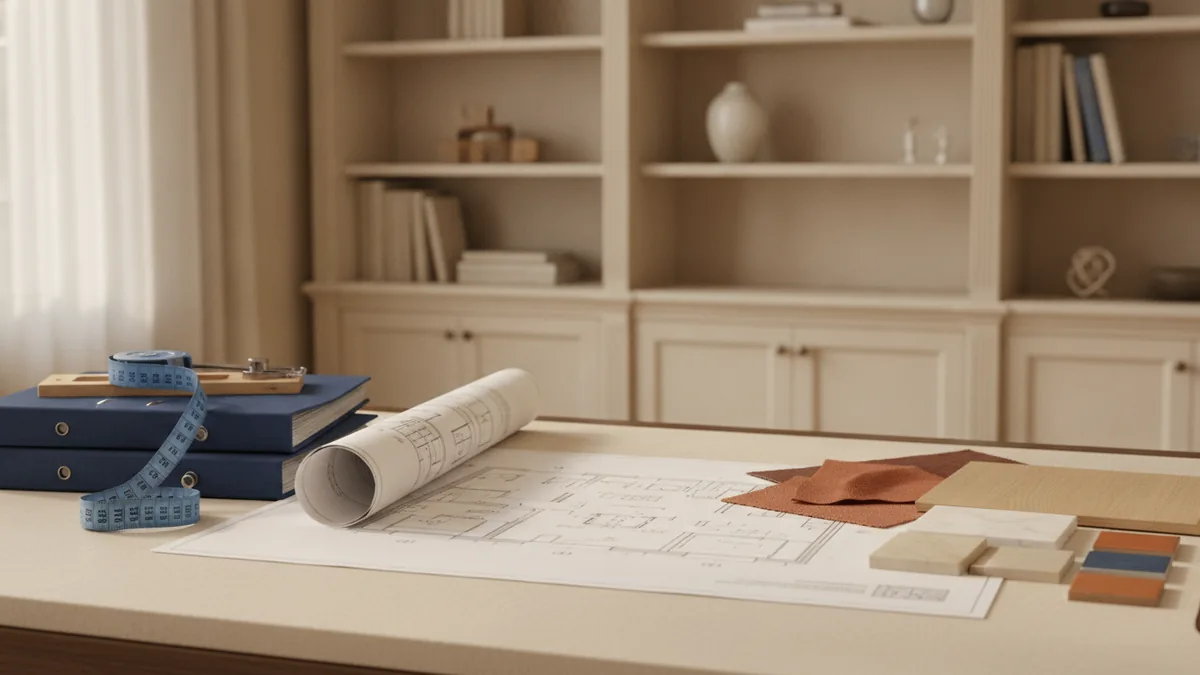 Interior designer reviewing project plans with organized files and business supplies