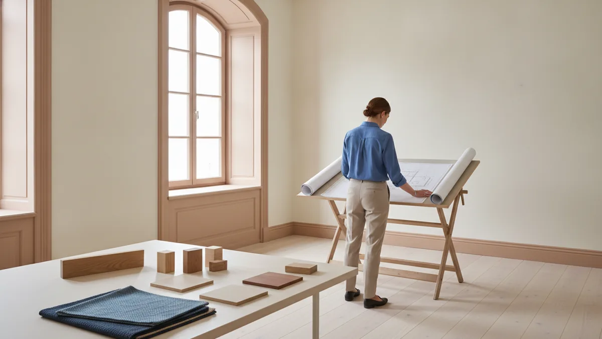 Designer checking building plans at a renovation site with finished walls nearby