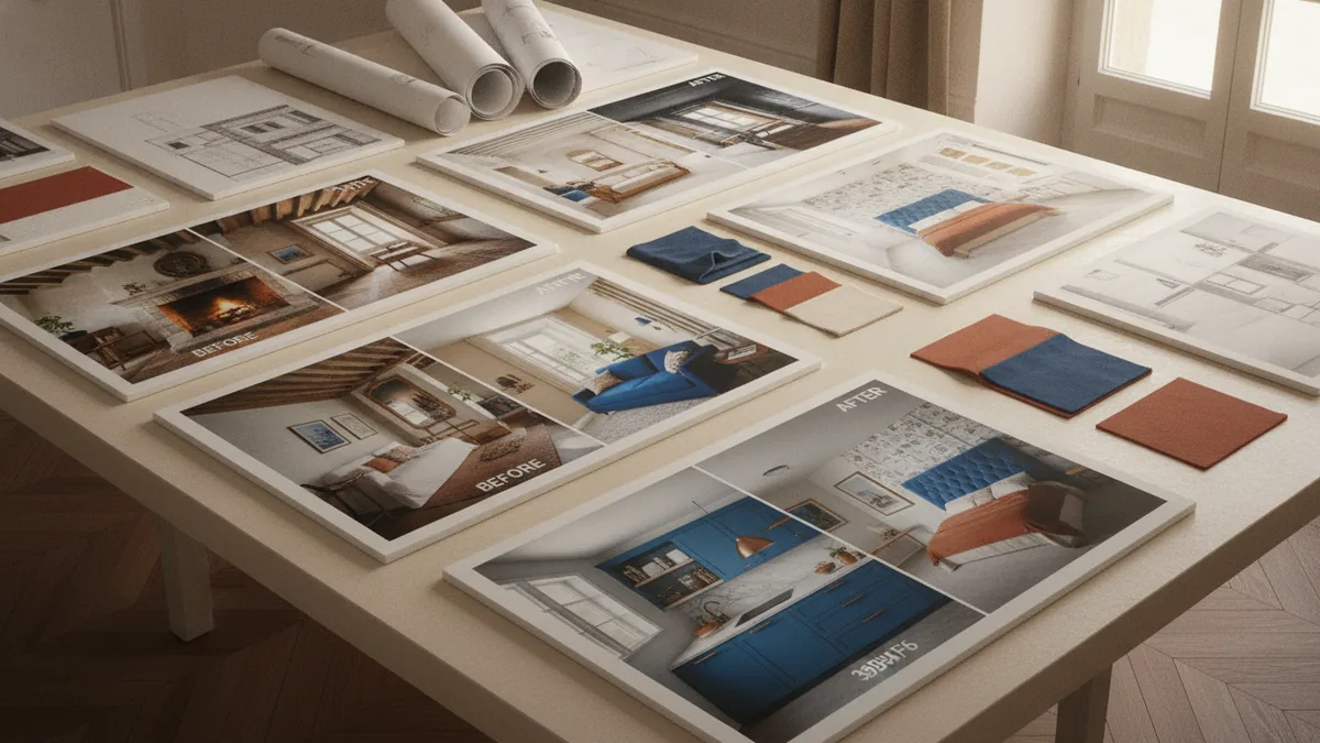 Interior designer presenting a polished project portfolio in a quiet professional studio