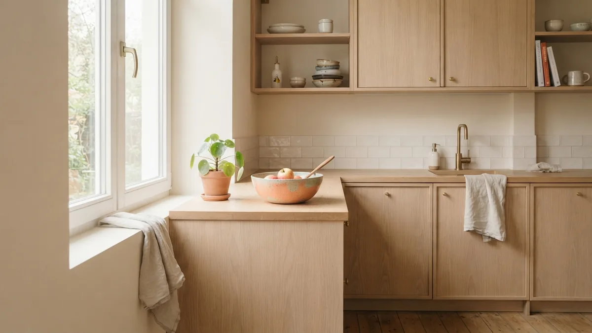 Bright apartment kitchen with natural finishes Neutral apartment kitchen with pale oak cabinets and natural materials
