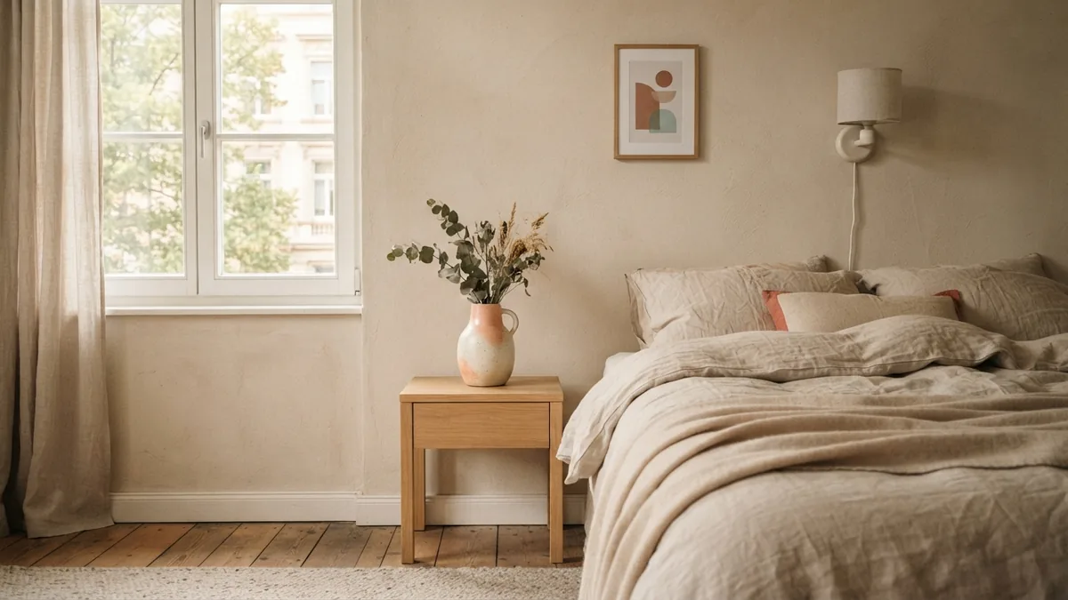 Quiet bedroom with soft natural textures Serene bedroom with oat linen, pale plaster, and light wood furniture