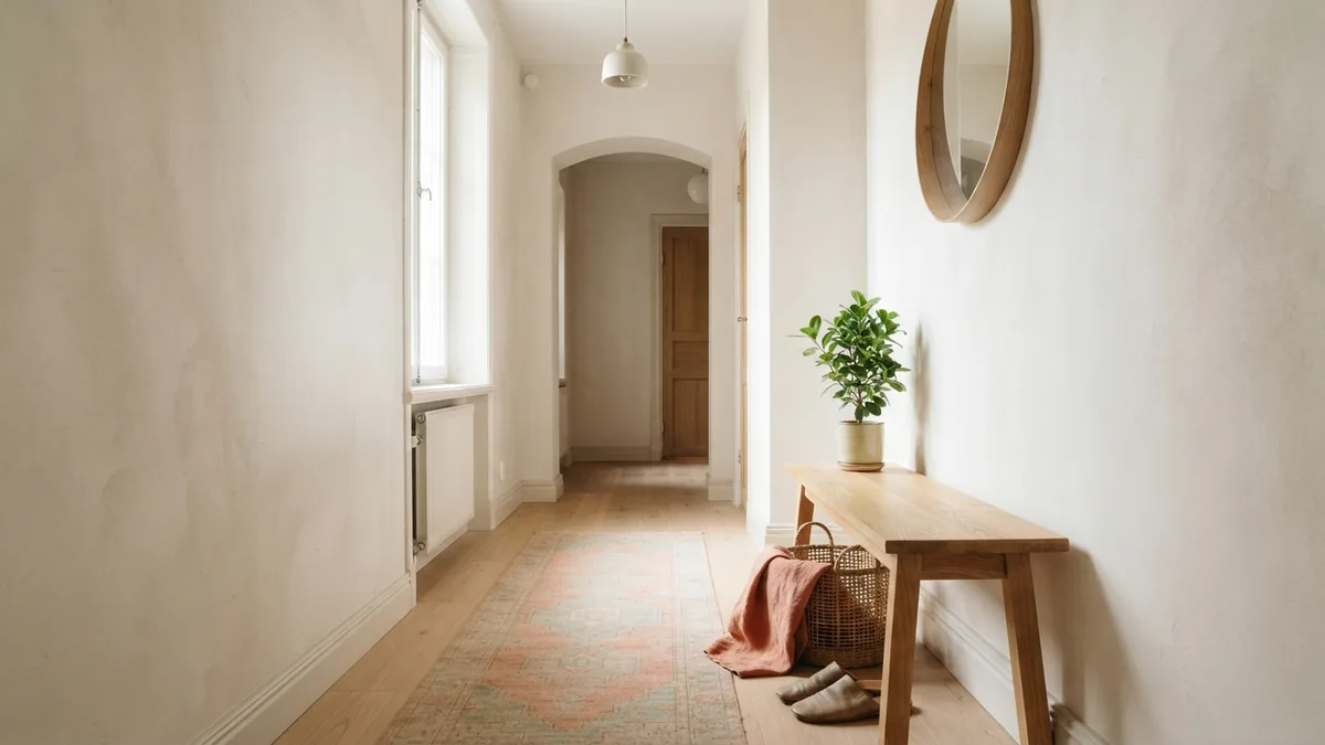Calm hallway with pale oak details Light-filled European hallway with a simple oak bench and warm neutral finishes
