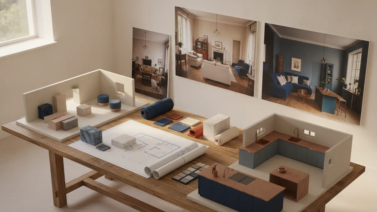 Interior designer workspace with material samples, floor plans, and a bright studio setting