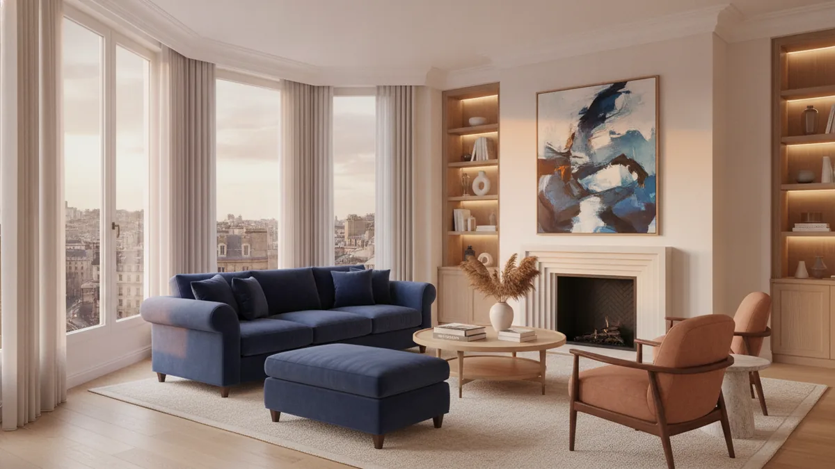 High-end city apartment interior showing custom finishes and a wide urban view