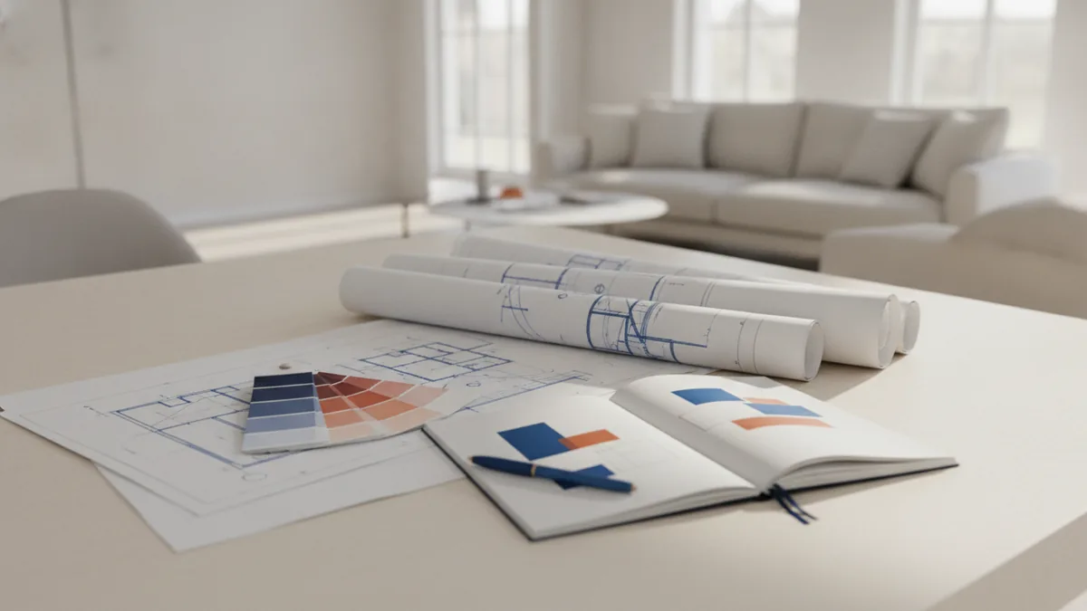 Architectural drawings and design materials on a table