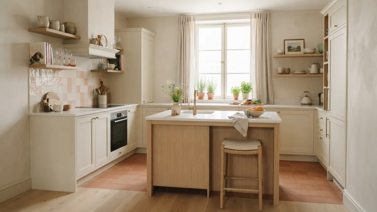 Compact cream kitchen with a pale oak island and clear room layout