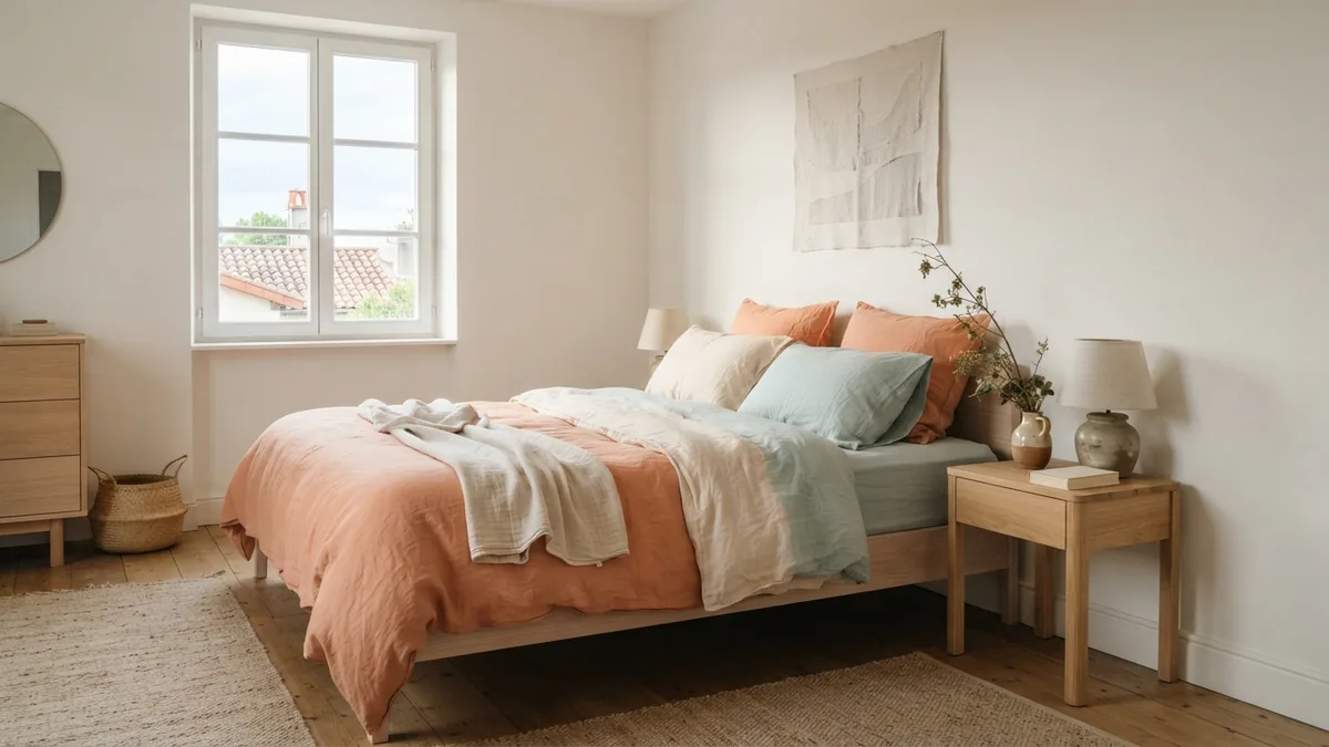 Serene bedroom with linen bedding, pale plaster walls, and light wood