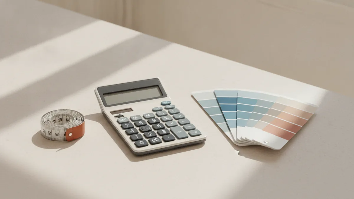 Estimate square footage cost Budget tools like tape measure and paint swatches on a counter