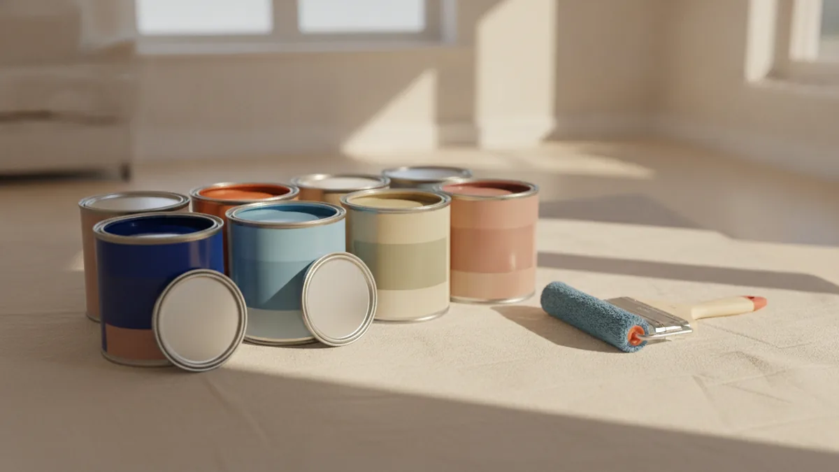 Paint cans and rollers demonstrating different interior paint finishes