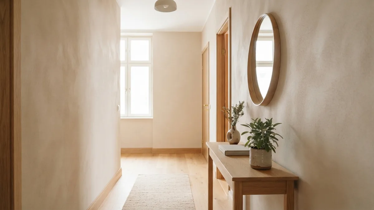 Freshly painted textured hallway Freshly painted warm beige hallway with subtle wall texture and pale wood trim