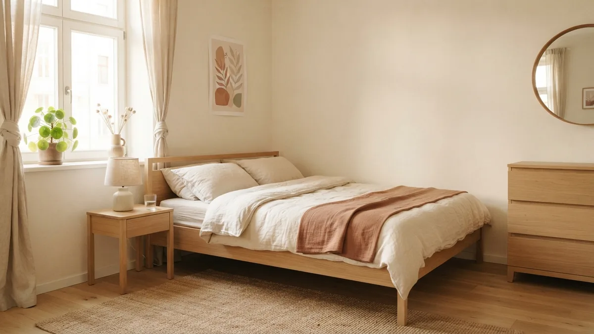 Bright Scandinavian bedroom with warm off-white walls and pale oak furniture